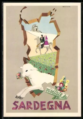 Künstler-AK Sardegna, Paar in Trachten auf einer Wiese, Lamm mit Blumen