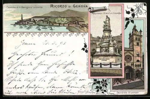 Lithographie Genova, Caserna di S. Benigno e Lanterna, Monumento Cristoforo Colombo
