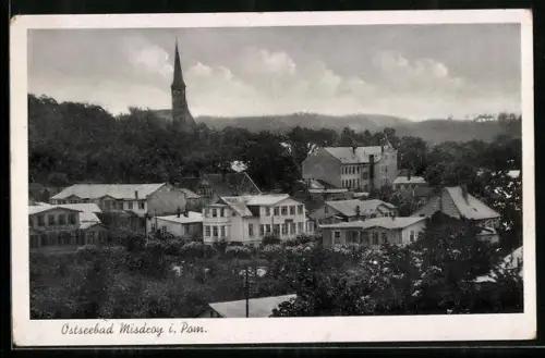 AK Misdroy, Teilansicht mit Kirchturm