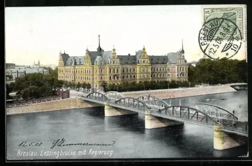 AK Breslau, Lessingbrücke mit Regierungsgebäude