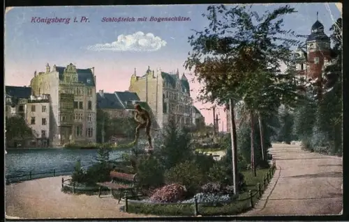 AK Königsberg, Partie am Schlossteich mit Statue des Bogenschützen