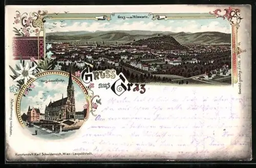 Lithographie Graz, Teilansicht von der HiImwarte aus, Herz Jesu-Kirche
