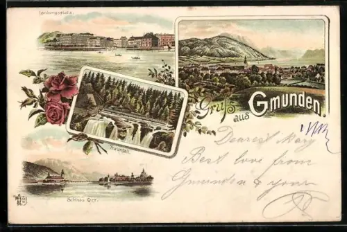Lithographie Gmunden, Traunfall, Schloss Ort und Landungsplatz