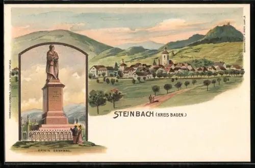 Lithographie Steinbach / Baden-Baden, Erwin-Denkmal, Ortsansicht