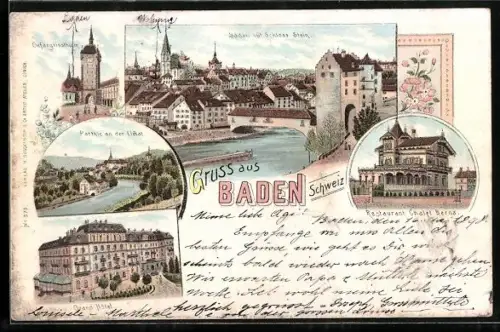 Lithographie Baden /Schweiz, Gefängnisturm, Partie an der Limat, Grand Hôtel und Schloss Stein