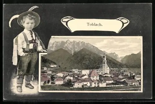 AK Toblach, Panorama, Knabe in Tracht