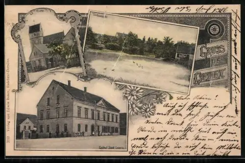 AK Grethen / Sa., Kirche, Gasthof Stadt Leipzig, Teichansicht
