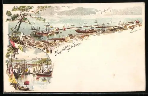 Lithographie Fiume, Port, Hafenansicht und Segelboote