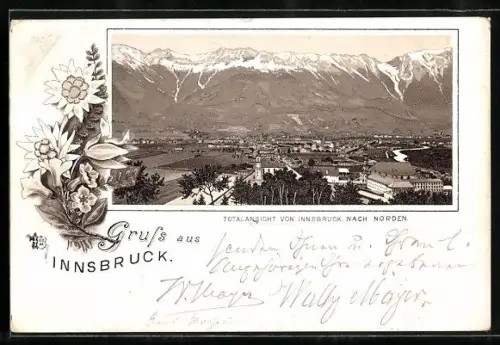 Lithographie Innsbruck, Totalansicht nach Norden, Edelweiss und Enzian