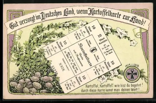 AK Kartoffelkarte für Berlin, März - Mai 1916, Gut versorgt, Kriegsnot