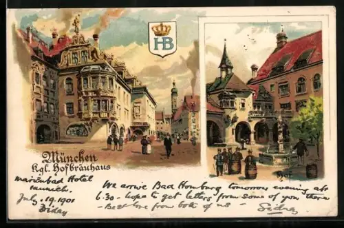 Lithographie München, Münchner Hofbräuhaus, Aussen- und Hofansicht, Wappen