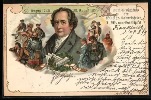 Lithographie Goethe inmitten der Protagonisten seiner Romane, 150jährige Geburtstagsfeier 1899