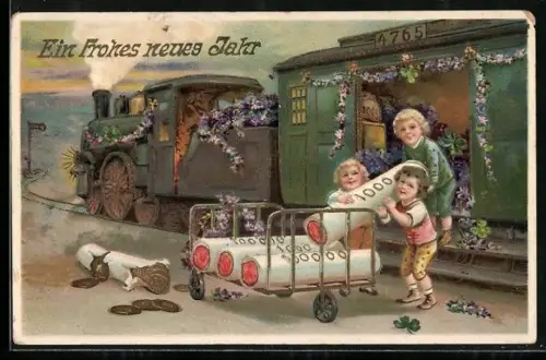 AK Kinder laden Münzrollen aus einer Eisenbahn, Neujahrsgruss