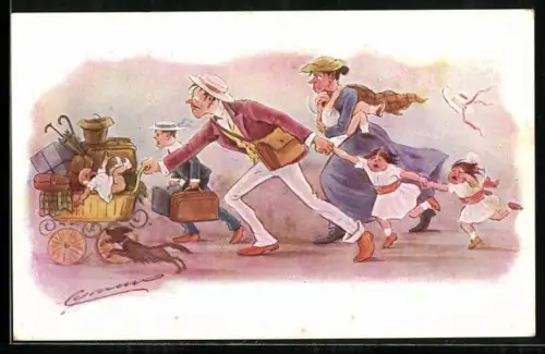 Künstler-AK Cynicus: Familie mit Gepäck in Eile