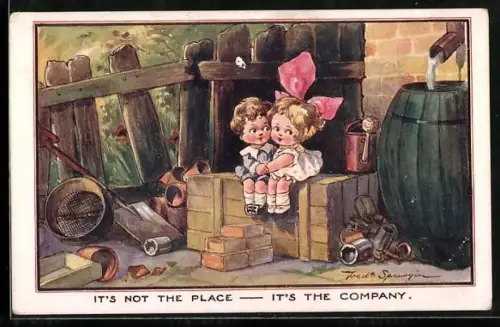 Künstler-AK Fred Spurgin: It`s not the place-it`s the company, Kinderpaar auf einer Kiste in der Gartenecke
