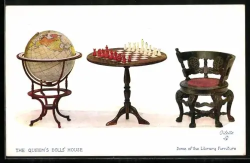 AK The Queen`s Dolls` House, Some of the Library Furniture, Puppenhaus, Schachspiel, Globus, Stuhl