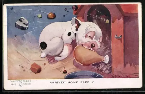 Künstler-AK George Ernest Studdy: Arrived Home Safely, Bonzo hat ein Hühnerbein stibitzt