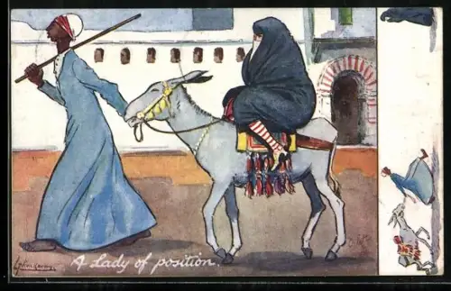 Künstler-AK L. Thackeray: Humor in Egypt - A Lady of position, Scherz, Dame von Rang, Ägypterin auf Esel