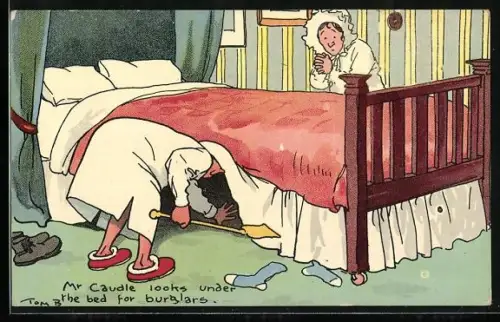 Künstler-AK Tom Browne: Mann sucht mit Fliegenklatsche unterm Bett nach Ungeziefer