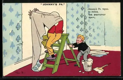 Künstler-AK Tom Browne: Johnny`s Pa tries to paper the Breakfast Room, Scherz