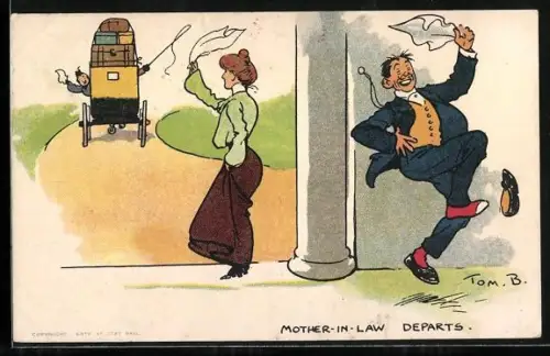 Künstler-AK Tom Browne: Der Schwiegermutter Abreise