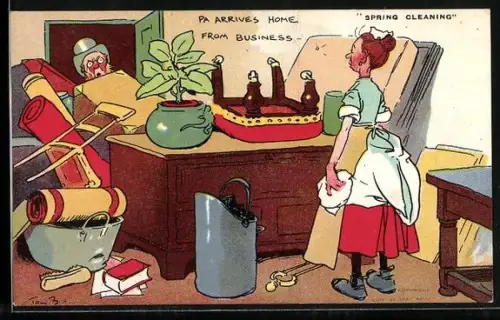 Künstler-AK Tom Browne: Frau beim Frühjahrsputz, Mann schafft es nicht zur Tür hinein