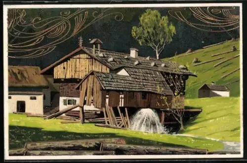 Künstler-AK Alfred Mailick: Ortspartie mit Wassermühle, Pfingstgruss