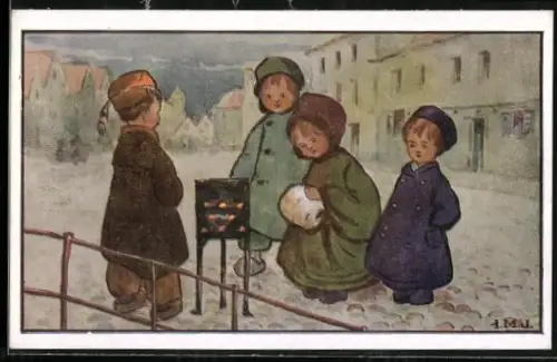 Künstler-AK I.M.J.: Kinder wärmen sich an einer Feuerstelle