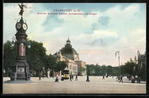 AK Frankfurt am Main, Strassenbahn mit Blick auf Manskopfs Uhrturm, Schauspielhaus