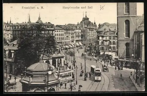 AK Frankfurt a. M., Hauptwache und Zeil mit Strassenbahn