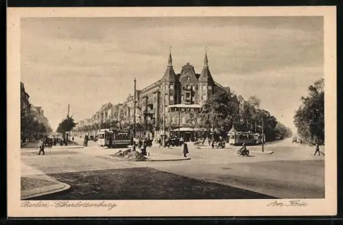 AK Berlin-Charlottenburg, Strassenpartie Am Knie mit Strassenbahn