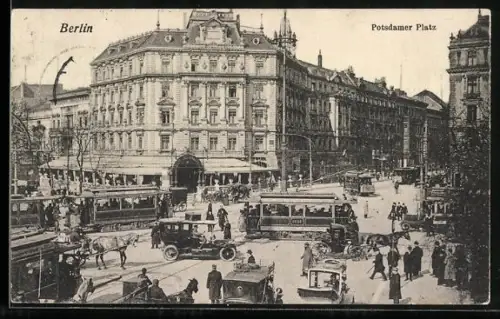 AK Berlin-Tiergarten, Potsdamer Platz mit Strassenbahnen