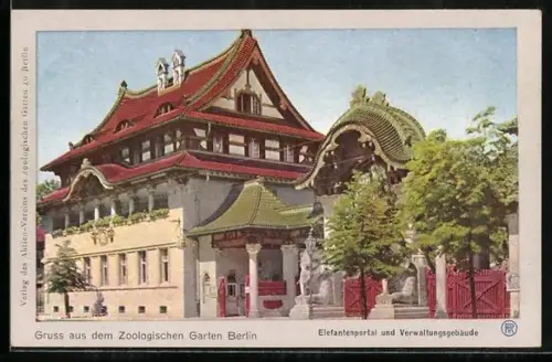 AK Berlin, Zoo, Elefantenportal und Verwaltungsgebäude vom Zoologischen Garten