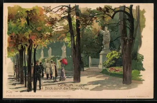 Künstler-Lithographie Kley: Berlin-Tiergarten, Siegesallee
