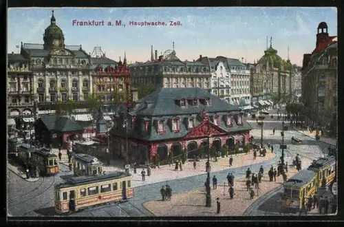 AK Frankfurt a. M., Kaffee Hauptwache mit Blick in die Zell und Strassenbahn