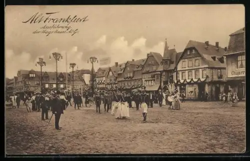 AK Frankfurt, 17. Bundes- & Jubileumsschiessen 1912, Alt-Frankfurt, Soldat mit Leuten