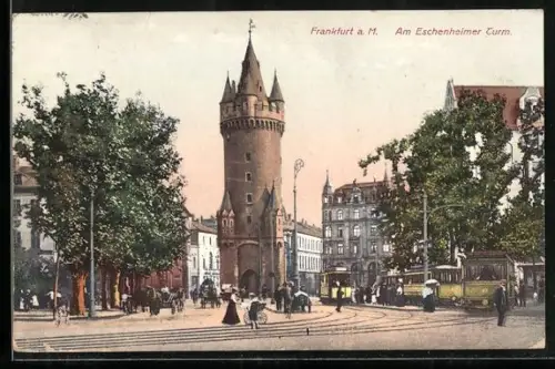 AK Frankfurt, Am Eschenheimer Turm mit Personen und Strassenbahn