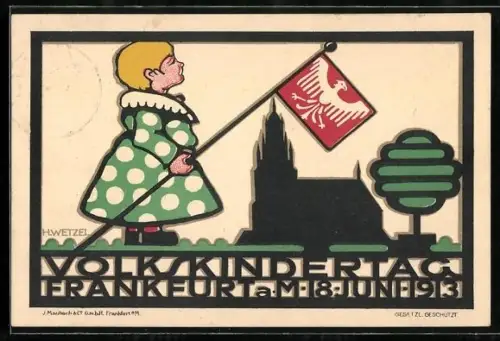 Künstler-AK H. Wetzel: Frankfurt / Main, Volkskindertag 1913, Mädchen mit hält Fahne in die Luft