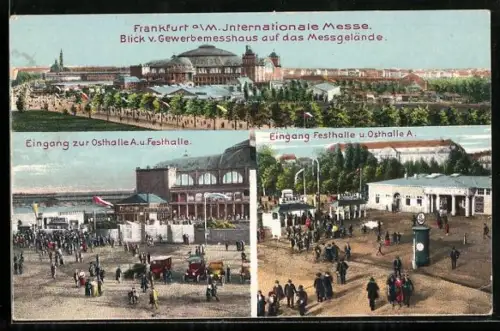AK Frankfurt, Internationale Messe, Blick v. Gewerbemesshaus auf das Gelände, Osthalle und Festhalle