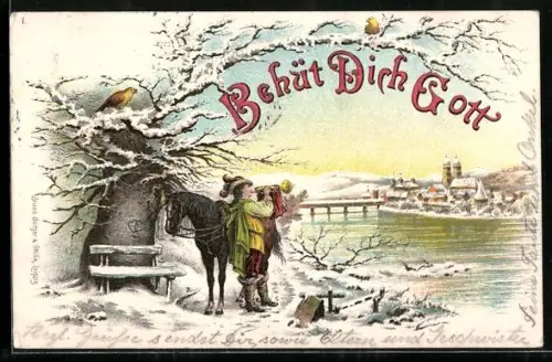 Lithographie Jäger bläst in seine Trompete im Winter, Behüt Dich Gott!