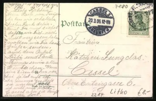 Lithographie Jäger bläst in seine Trompete im Winter, Behüt Dich Gott!