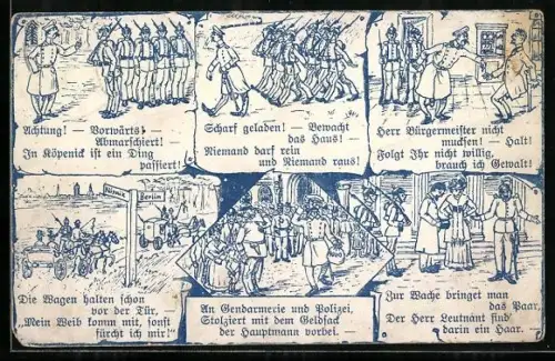AK Berlin-Köpenick, Geschichte des Hauptmann von Köpenick in Bildern