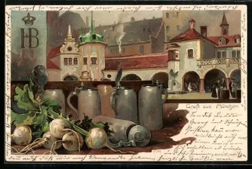 Künstler-AK Heinrich Kley: München, Rettiche, Bierkrüge & Hofbräuhaus