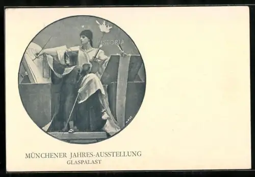 AK München, Jahres-Ausstellung im Glaspalast, Münchner Kindl und Historia
