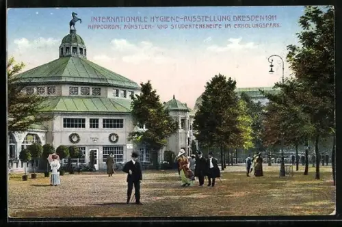 AK Dresden, Internationale Hygiene-Ausstellung 1911, Hippodrom, Künstler- und Studentenkneipe im Erholungspark