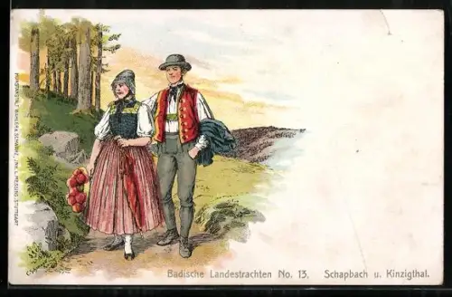 Lithographie Badische Landestrachten, Schapbach und Kinzigthal, Maid und junger Mann