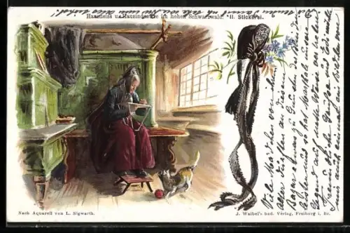 Lithographie Schwarzwald, Frau in Tracht beim Sticken