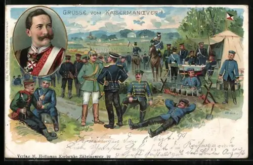 Lithographie Kaisermanöver, Soldaten im Biwak, Wilhelm II.