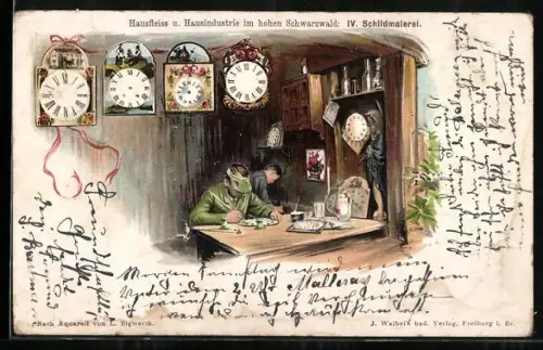 Künstler-AK Handwerker bei Schildmalerei für Uhren