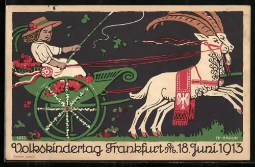 Künstler-AK Frankfurt, Kinderfürsorge, Volkskindertrag 18. Juni 1913, Mädchen im Blumenwagen von Ziegen gezogen